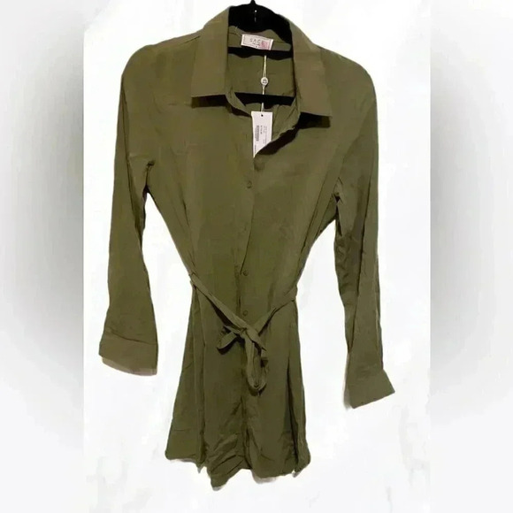 NWT Sage the label dark green long sleeve button down mini shirt dress S - Picture 2 of 5